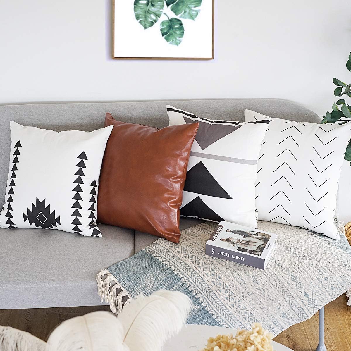 Decorative Pillow Covers Only 18x18 Inches Set of 4 Modern Boho 100% Cotton Geometirc Faux Leather Square Throw Pillow Cases Pillow Sham Sets