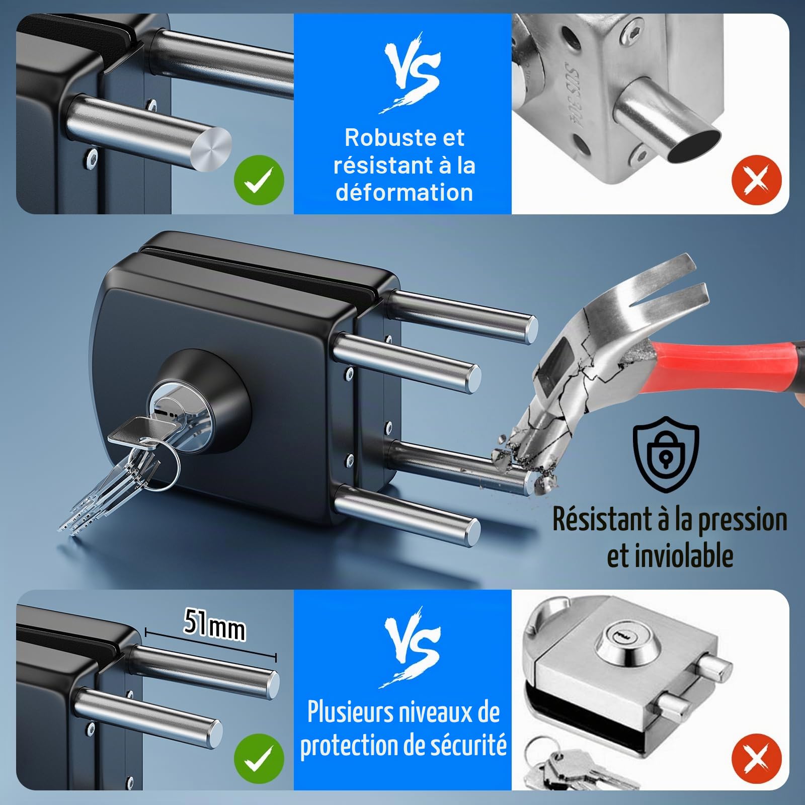 Serrure pour Porte en Verre Sans Perçage en Acier Inoxydable 304, Finition Noir Mat, Double Verrouillage Clé et Bouton, Sécurité Renforcée pour Verre Trempé 10–12 mm, Maison Bureau Salle de Bain
