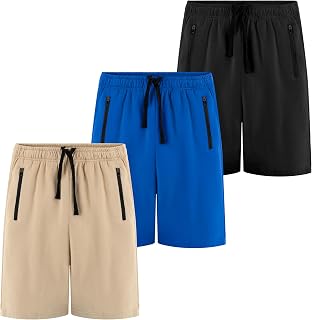 Kids Casual Shorts with Zipper Pockets and Drawstring, Youth Boys Athletic Shorts for Running Playing