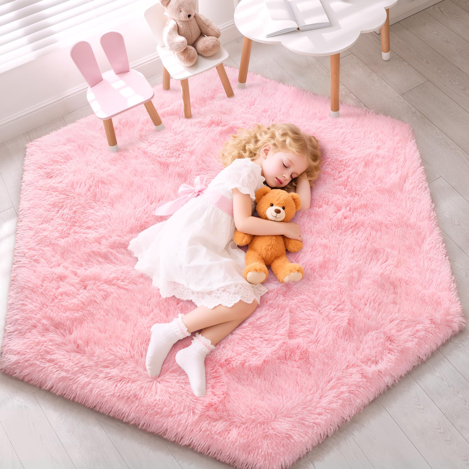 EVOIONOS Hexagon Rug for Princess Tent, Fluffy Area Rug 55×47 inches for Kids Room, Soft Furry Carpet for Dorm, Fuzzy Plush Rug for Teen Girls Bedroom, Shaggy Area Rug for Nursery Room, Pink Area Rug