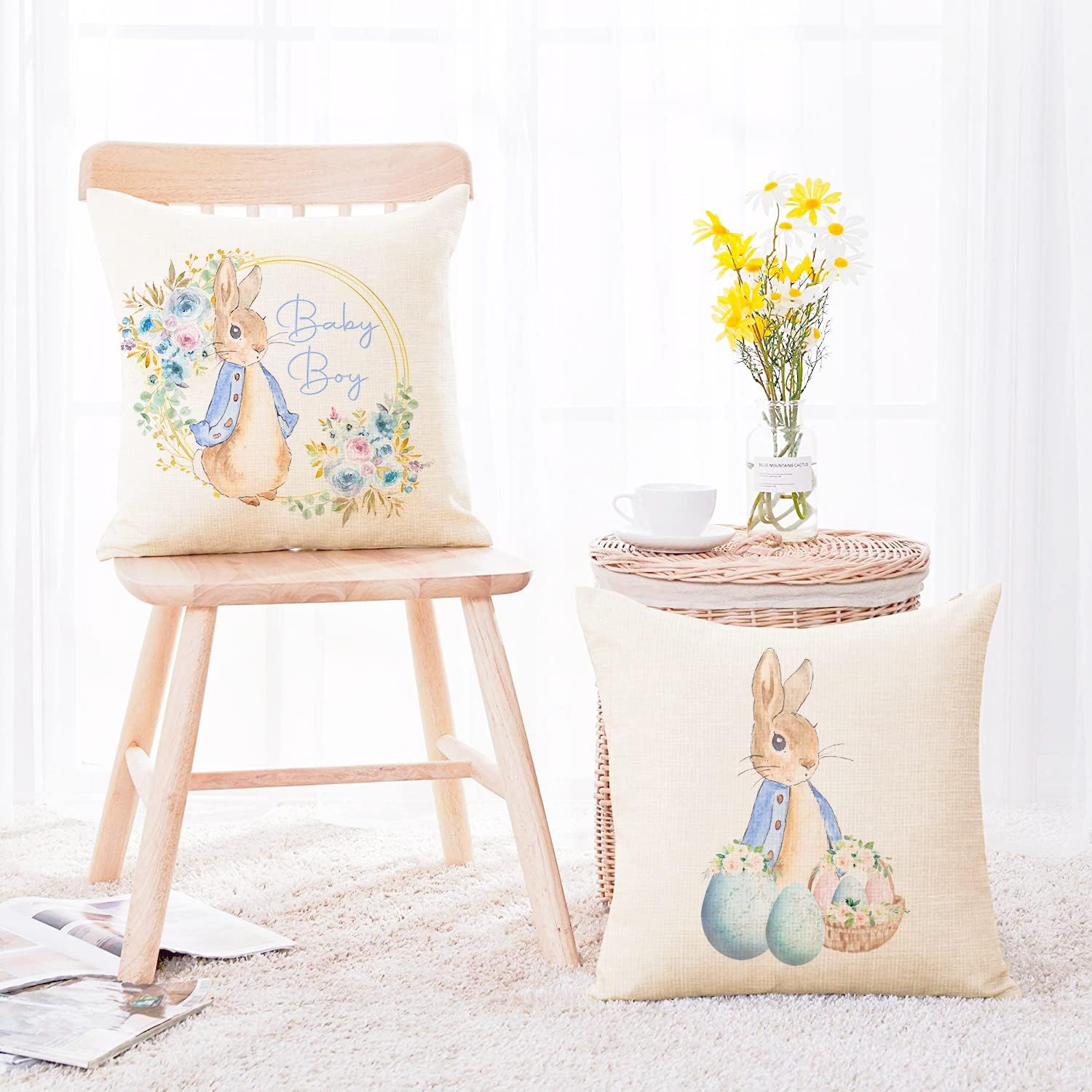Everjoys Easter Pillow Covers 18X18 Inch,Easter Throw Pillow Cases Set of 8,Decorative Farmhouse Easter Egg Rabbit Cushion Covers with Hidden Zipper for Home Decor