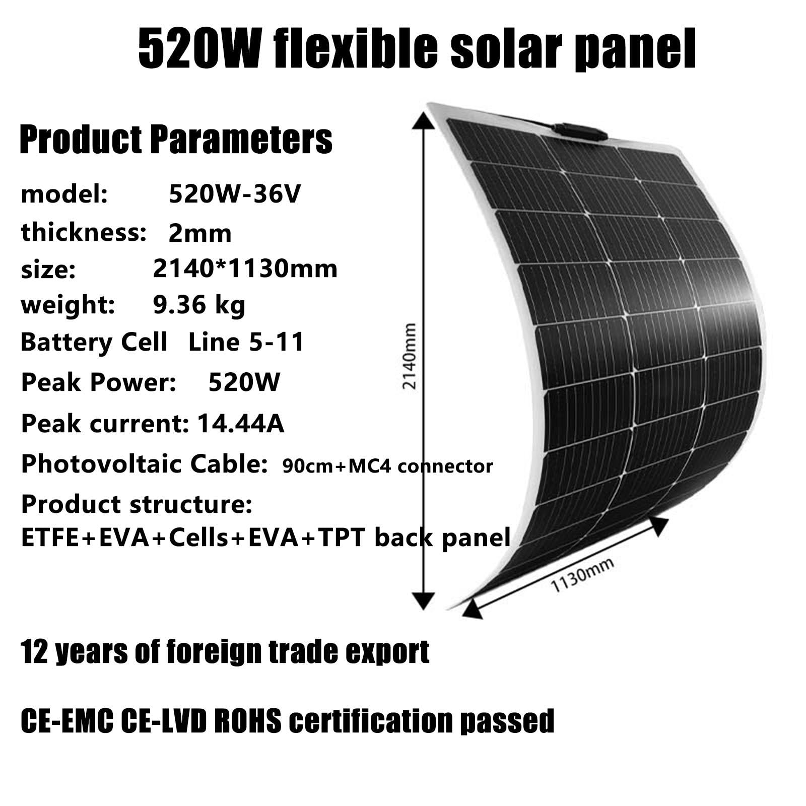 Elastyczny panel słoneczny 150 W/200 W/300 W/400 W/520 W, monokrystaliczne panele słoneczne 36 V, moduł ładowania akumulatora o wysokiej wydajności, zasilanie PV do łodzi ładującej akumulatora