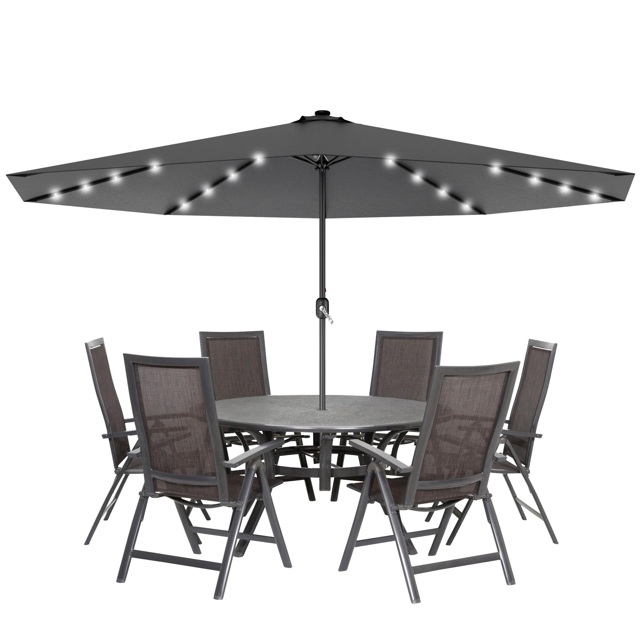 LZQ Sonnenschirm Balkon Ø 350cm Gartenschirm mit Solar LED Beleuchtung Alu Marktschirm mit Handkurbel Strandschirm Rund Terrassenschirm Wasserabweisende UPF 40+(Dunkelgrau, Winkel Nicht Verstellbar)