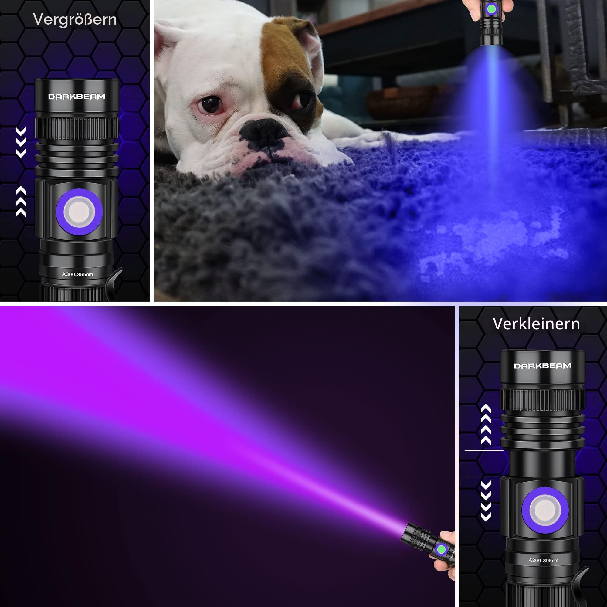 DARKBEAM UV Taschenlampe Schwarzlicht 365nm & 395nm Wiederaufladbare, Woodsche Lampe USB Schwarzlichttaschenlampen Mini Hand LED Ultraviolett Licht, Heimtierurindetektoren, Bernstein, Resin, 2er Pack