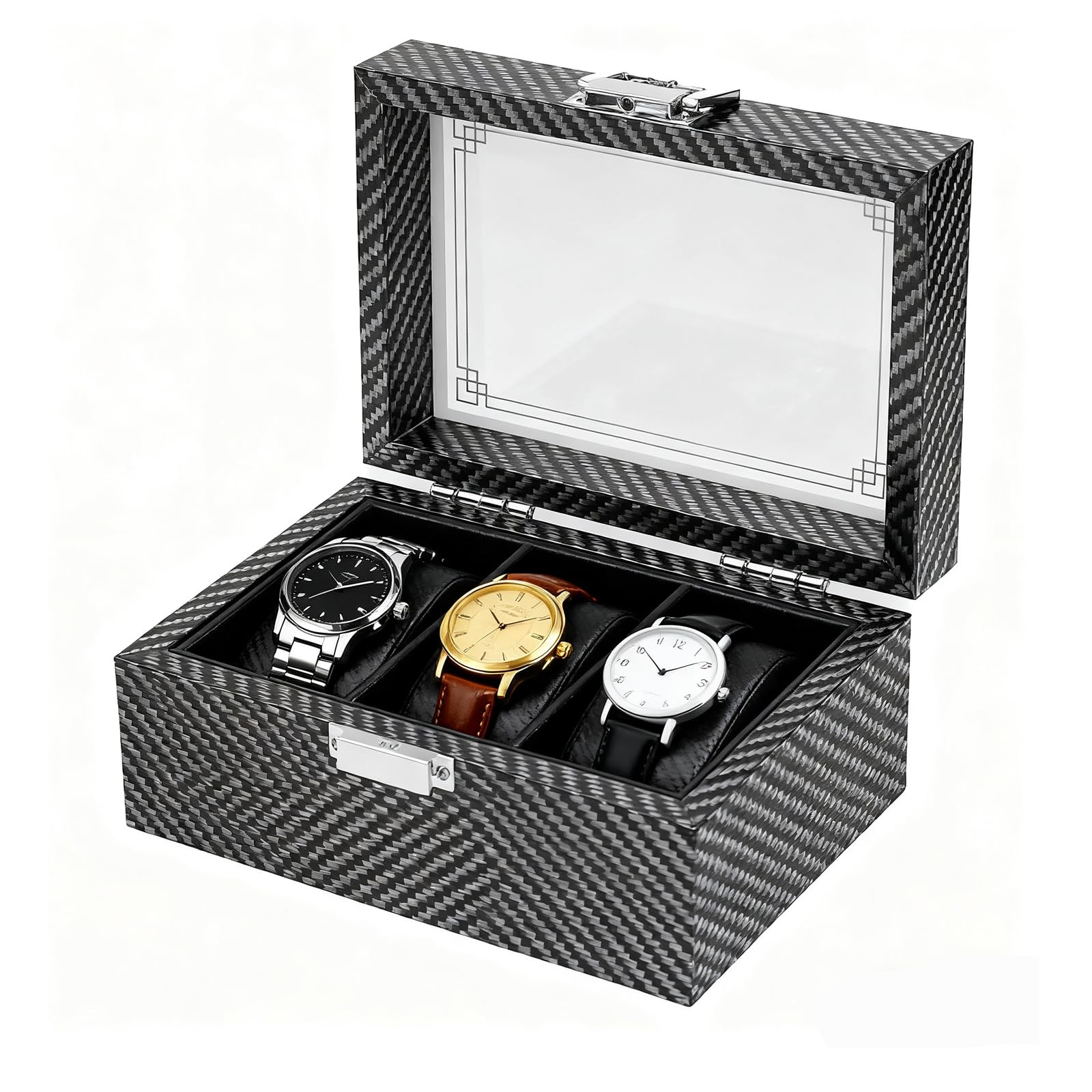 ITNXVKGES Watch Box 3 Slots,Watch Box for Men with Clear Glass Window Metal Clasp, Gift Idea for Men and Women