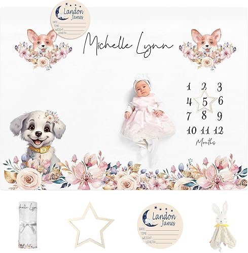 Miniatura 9 de Manta de hitos para bebé con nombre personalizado, manta mensual de hitos para bebé con doble cara para niños y niñas, accesorios de fotografía,