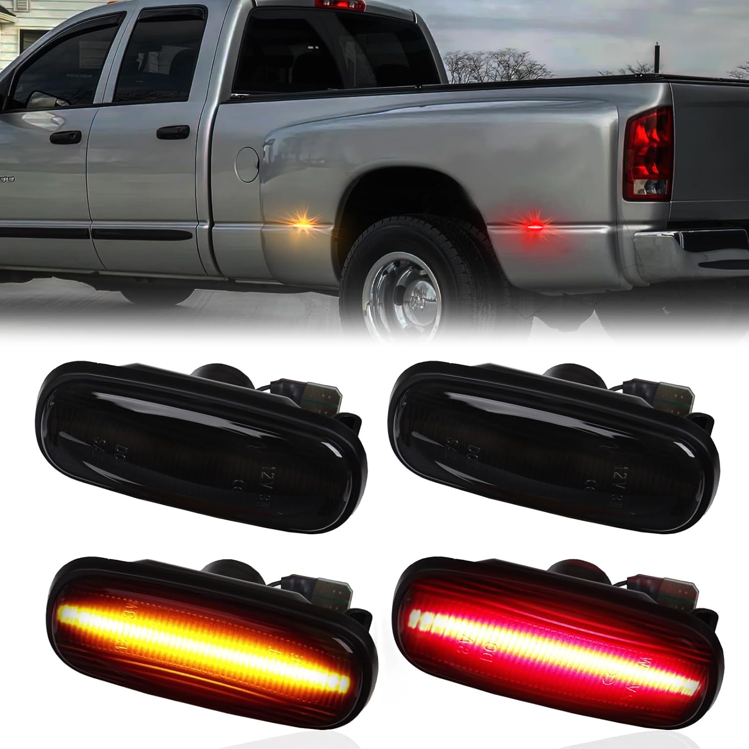 LED Dually Bed Fender Side Marker Lights For 2003-2009 Dodge Ram 2500 3500 Dual Rear Wheel Marker Lamps Smoked Len (Amber Red)