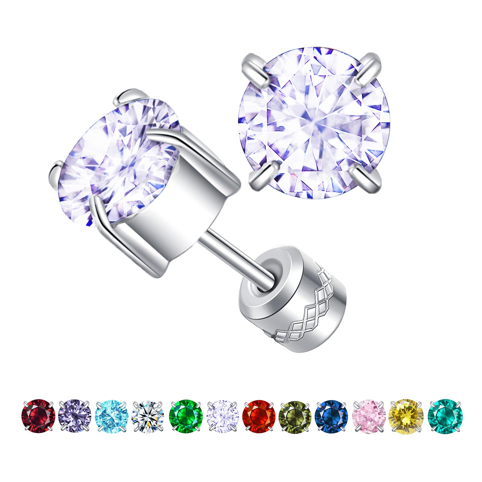 ZOCOYUU Titan Schraube zurück chirurgischen Edelstahl Ohrstecker für Frauen Männer, hypoallergene Birthstone Ohrstecker Double Side 5A Cubic Zirconia Ohrstecker Schmuck 6mm