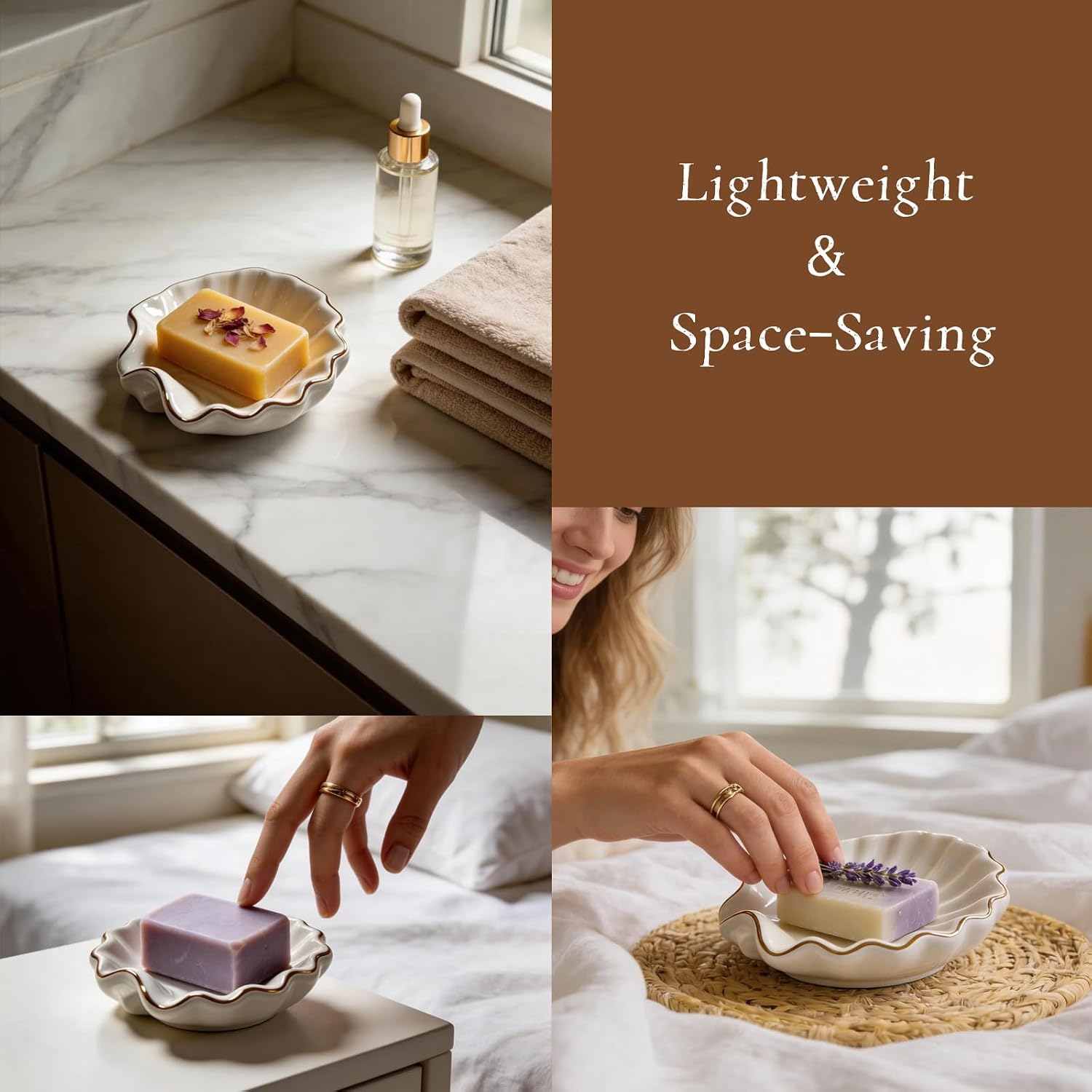 Shell Soap Dish,Ceramic Soap Dishes for Bar Soap – Decorative Bathroom Accessory with Gold Trim, Non-Slip Design, Easy to Clean, Ideal for Shower, Vanity, and Kitchen Sink Use