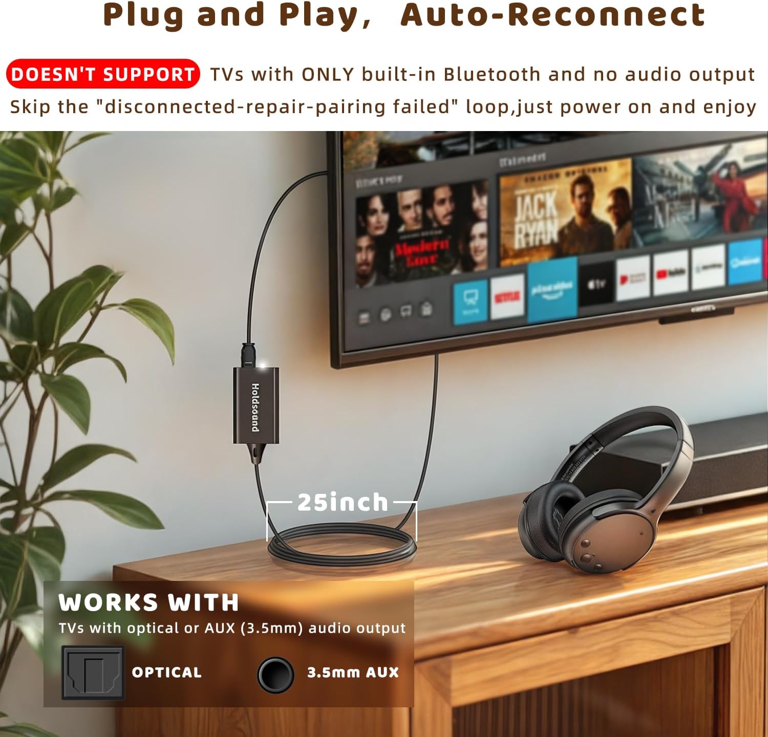 Holdsound Wireless Headphones for TV, TV Headphones Wireless for Seniors with USB Extension Cable Transmitter,Auto-Reconnect, No Lip-Sync Delay, 40H Battery, Plug & Play, Gifts for Elderly