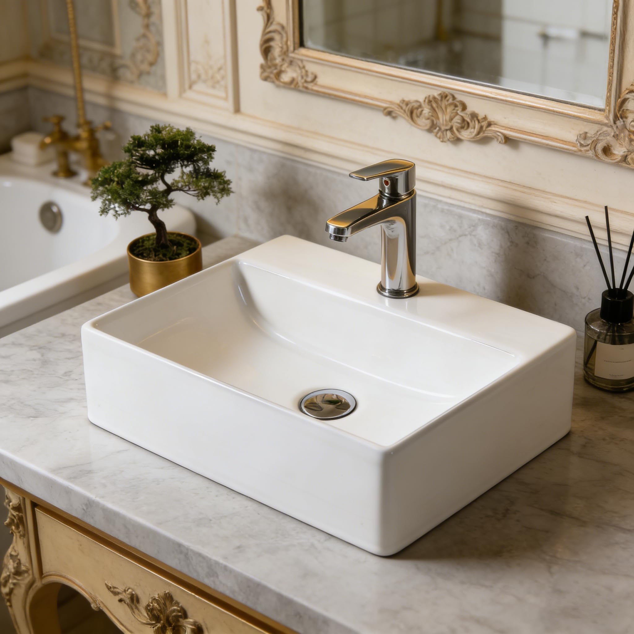 NUESTRA VIDA​ Lavabo à Poser Blanc Rectangulaire | Céramique Haute Qualité | Pour Salle de Bain & WC | Dimensions : 51 x 36 x 12 cm
