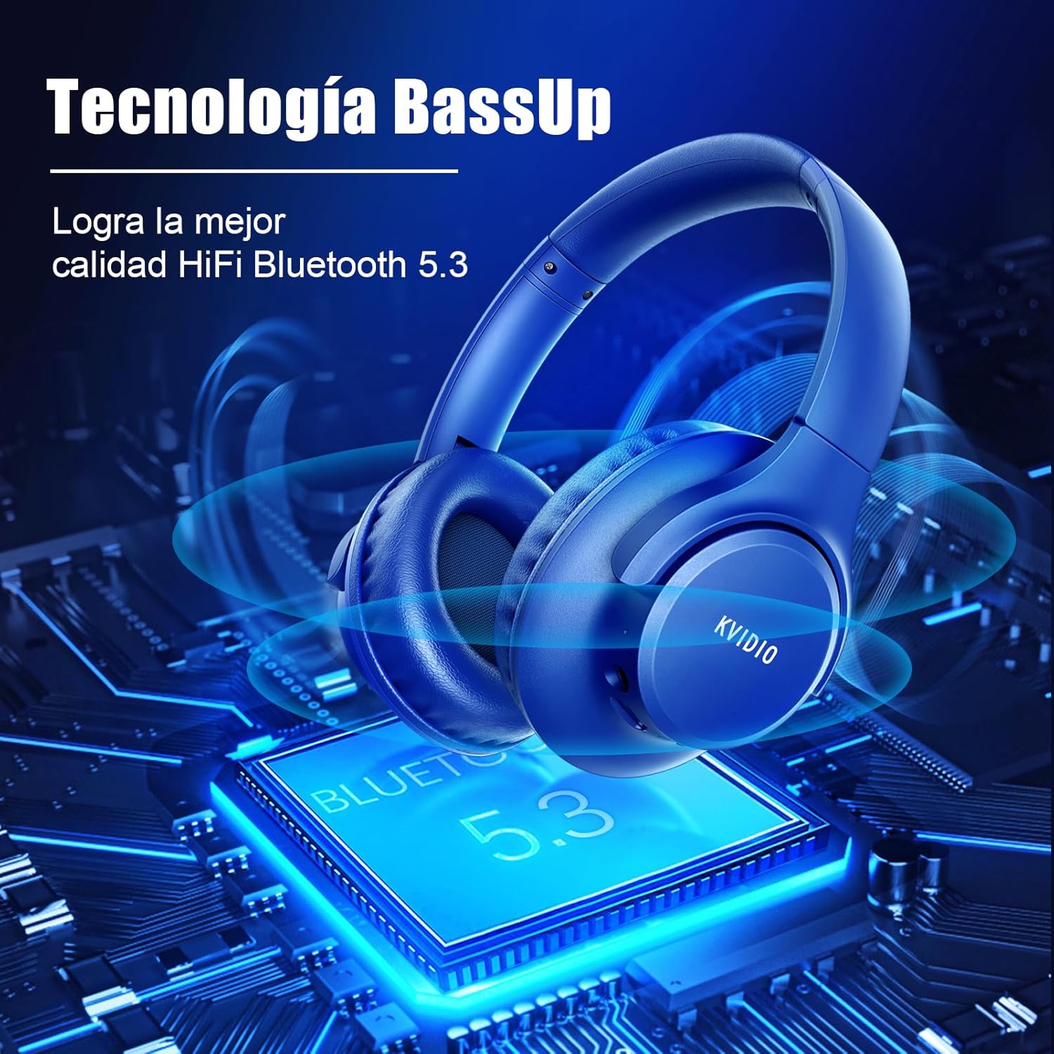 KVIDIO Auriculares Supraaurales Inalámbricos, 65 Horas de Reproducción Auriculares Bluetooth, Cascos Ligeros Plegables con Micrófono, Graves Profundos (Azul) 3