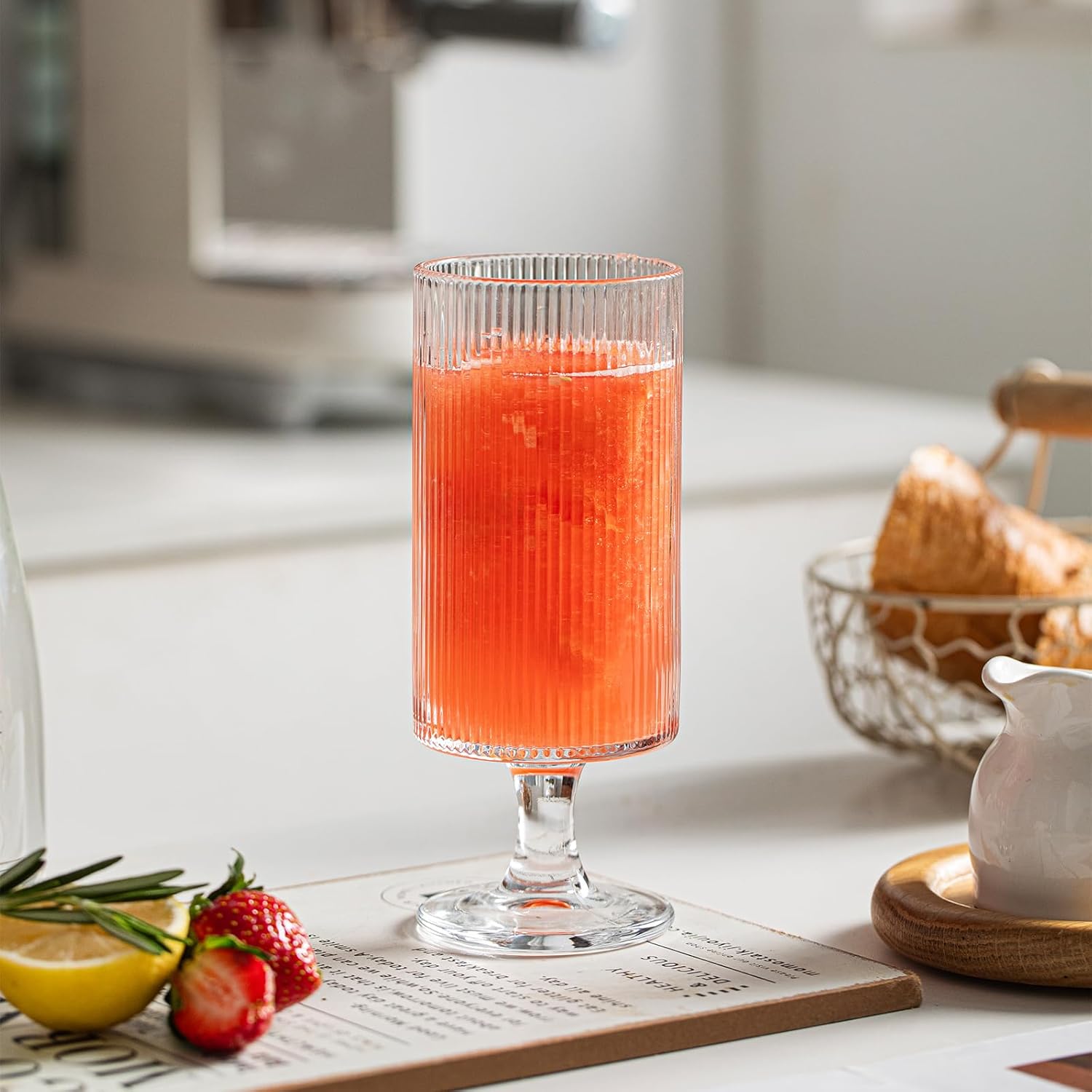 INSETLAN Set of 4 Ribbed Glass Goblets – 12oz Vertical Stripe Stemmed Glassware for Cocktails, Wine, and Beverages – Elegant Durable Glass Cups for Parties, Weddings, and Everyday Use - Image 7