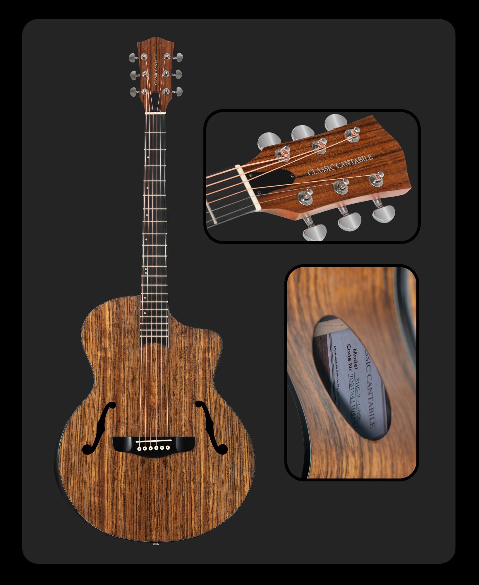 Classic Cantabile SHG-2WN LaBelle Western guitar with side soundhole and armrest - walnut top, back & sides - blackwood fingerboard/okoumé neck - vintage-style acoustic guitar.