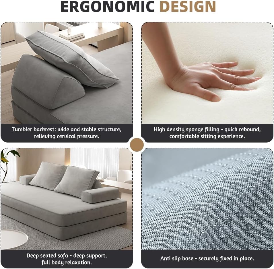 Detailed images of tumbler backrest, high-density sponge filling, deep seated sofa, and anti-slip base