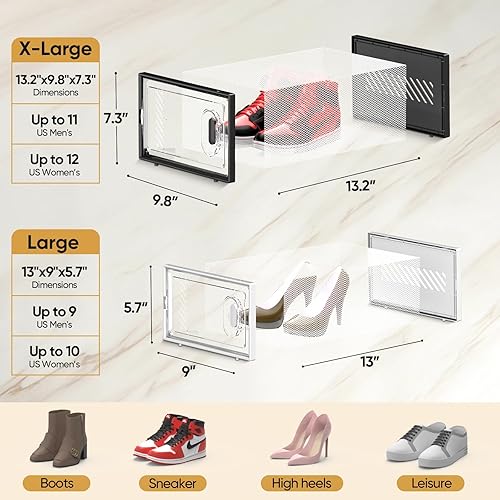 Miniatura 4 de BALEINE Paquete de 12 cajas apilables de almacenamiento de zapatos para tamaño 9, contenedores transparentes gruesos con tapas, organizadores