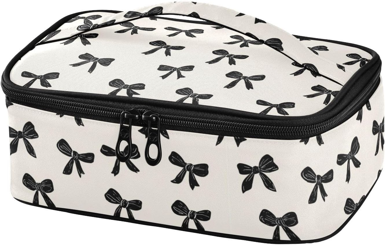 Aslsiy Small Lunch Bag for Kids Black Bows on Beige Insulated Lunch Box Portable Mini Cooler Bag for Women Men Boys Girls