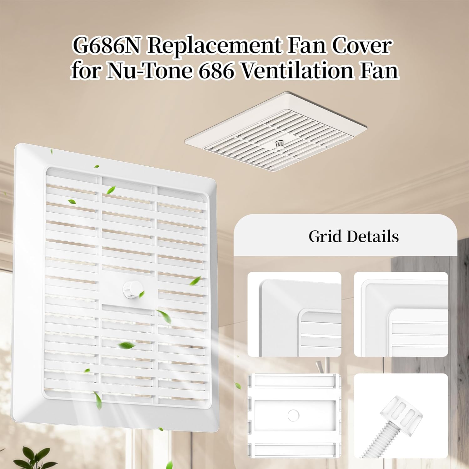 MAYITOP G686N Replacement Fan Cover for Nu-Tone 686 Ventilation Fan Compatible with Bro-an Nut-one Bathroom Exhaust Fan Grille Cover 9.5" × 8.68" W × 0.5" with 1/4-20 x 1 Carriage Bolt