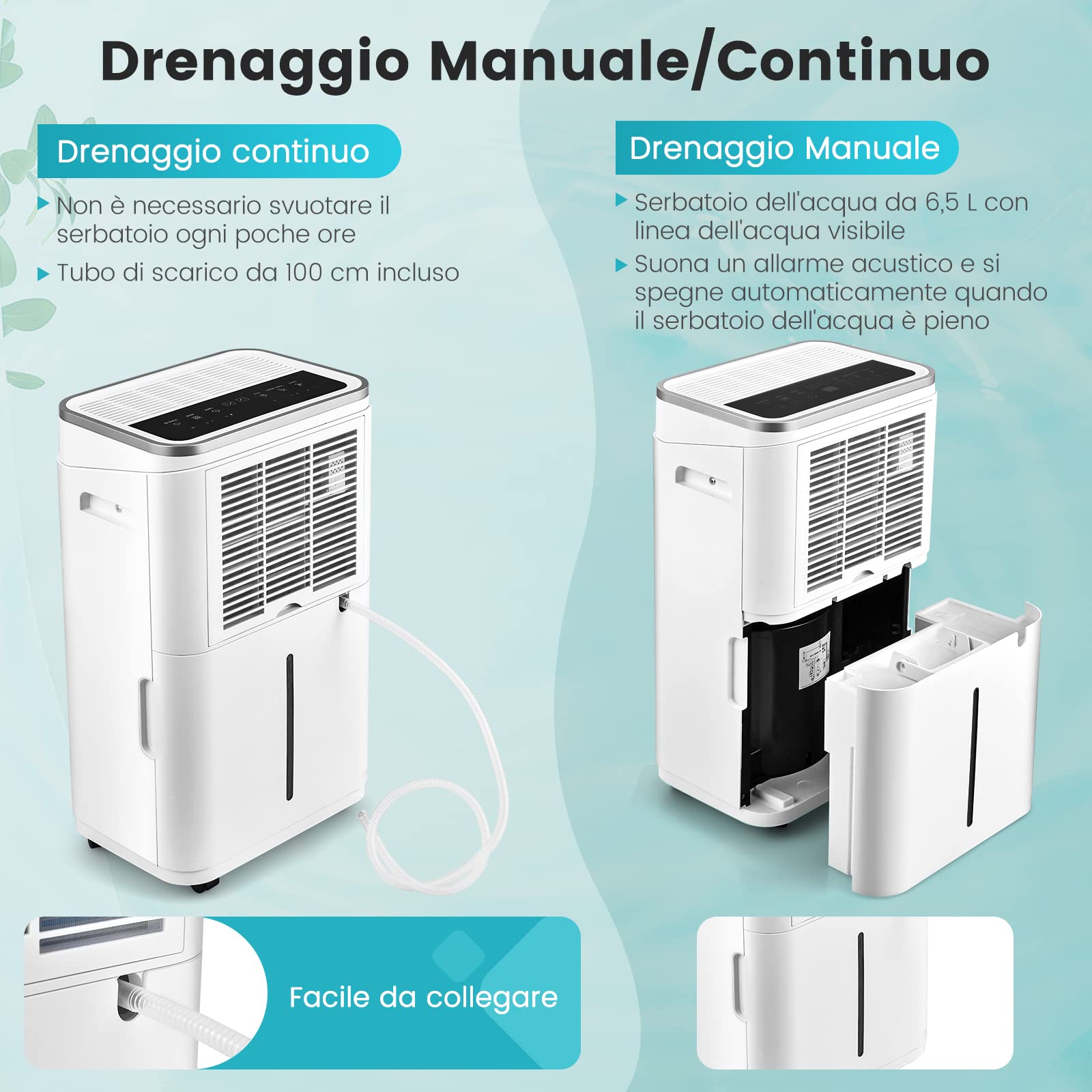 COSTWAY Deumidificatore Casa 25 L al Giorno, con Tubo di Scarico, Scarico Automatico o Manuale, Timer 24 ore, Protezione Straripamento e Serbatoio dell’Acqua 6,5 L per Spazi Fino a 30 m2