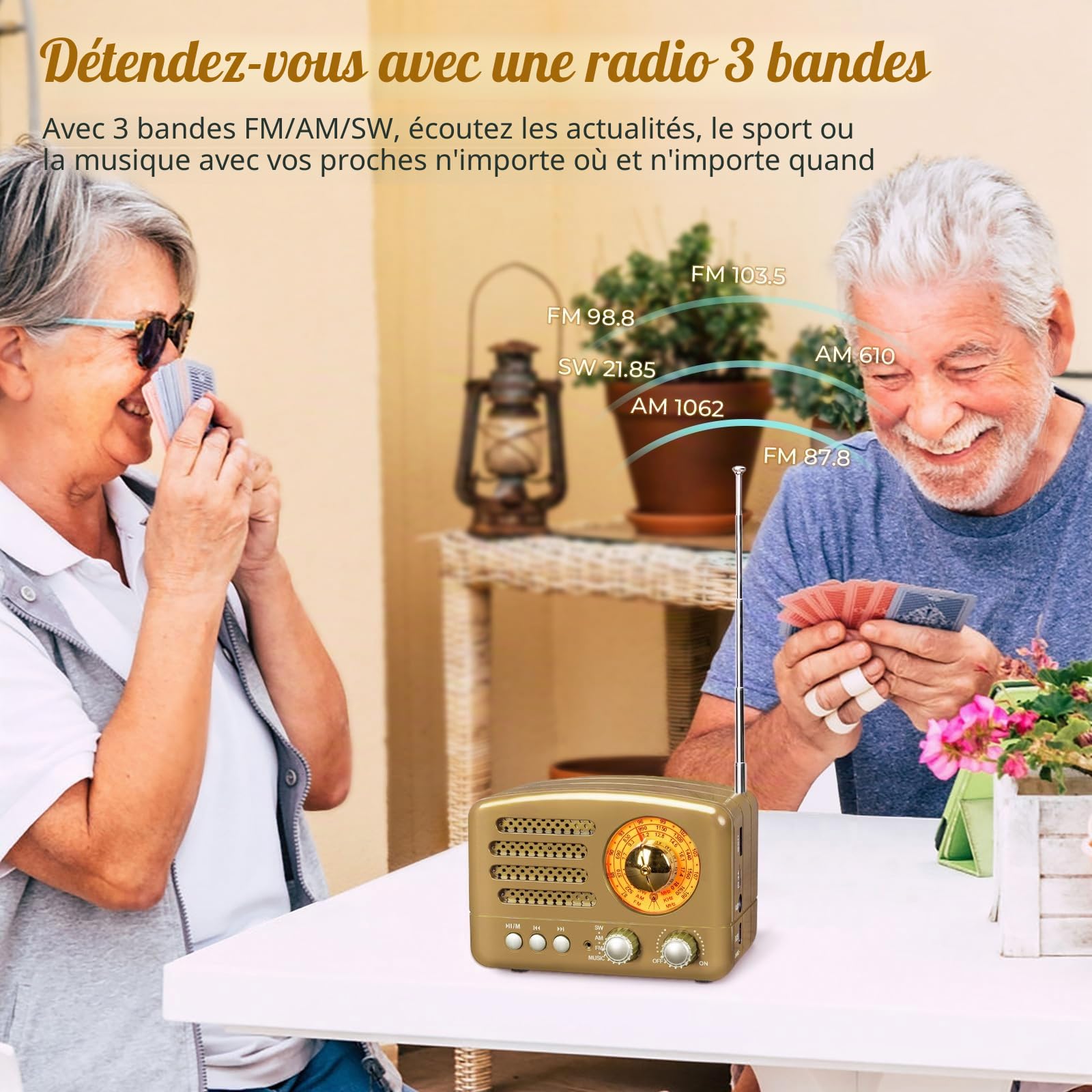 Poste Radio Portable, PRUNUS J-160 Radio Vintage Bluetooth avec Batterie Rechargeable 1800mAh, FM/AM (MW)/SW Bouton de Réglage Extra Large, TransistorRadio Prise en Charge de la Carte TF/USB (Gold)