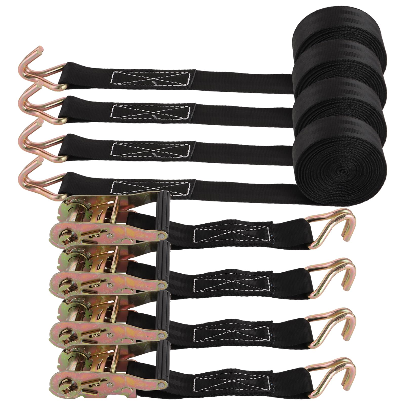 SENENQU 4 Pezzi Cinghie a Cricchetto Nere 6 m X 38 mm, Cinghie di Fissaggio in Poliestere con Ganci a J, Nastro di Serraggio con Etichetta CE per Auto Camion Barca