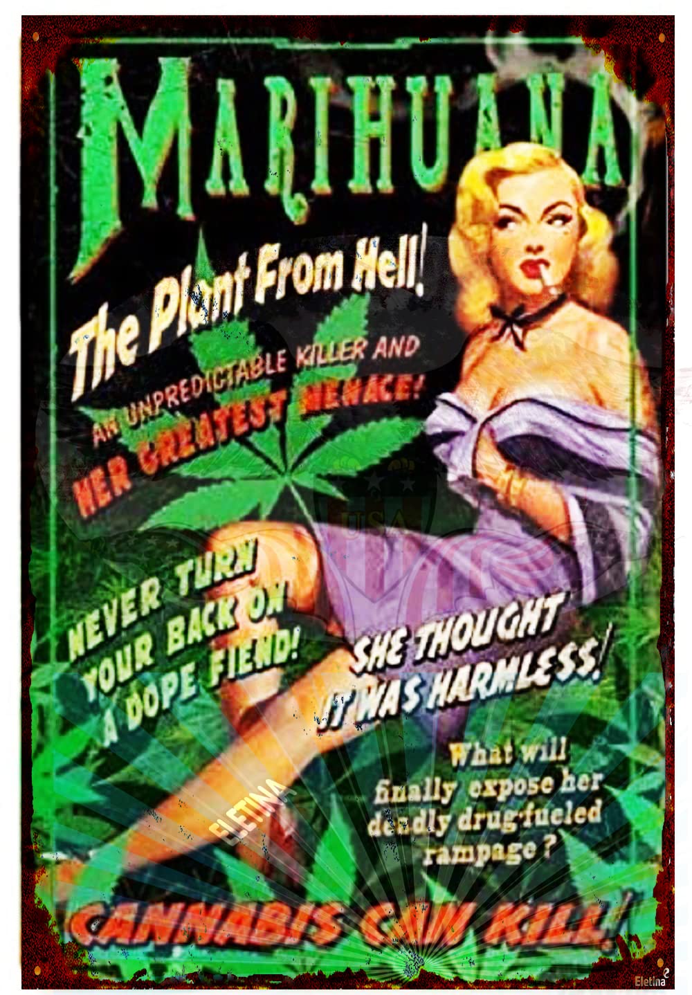 Retro Metal tin Sign 420 Marijuana Cannabis Movie Poster Pin Up Girl Tin Sign Exterior Home Cave Garage bar Wall Decoration Vintage Metal Aluminum Sign 8 x 12 inch