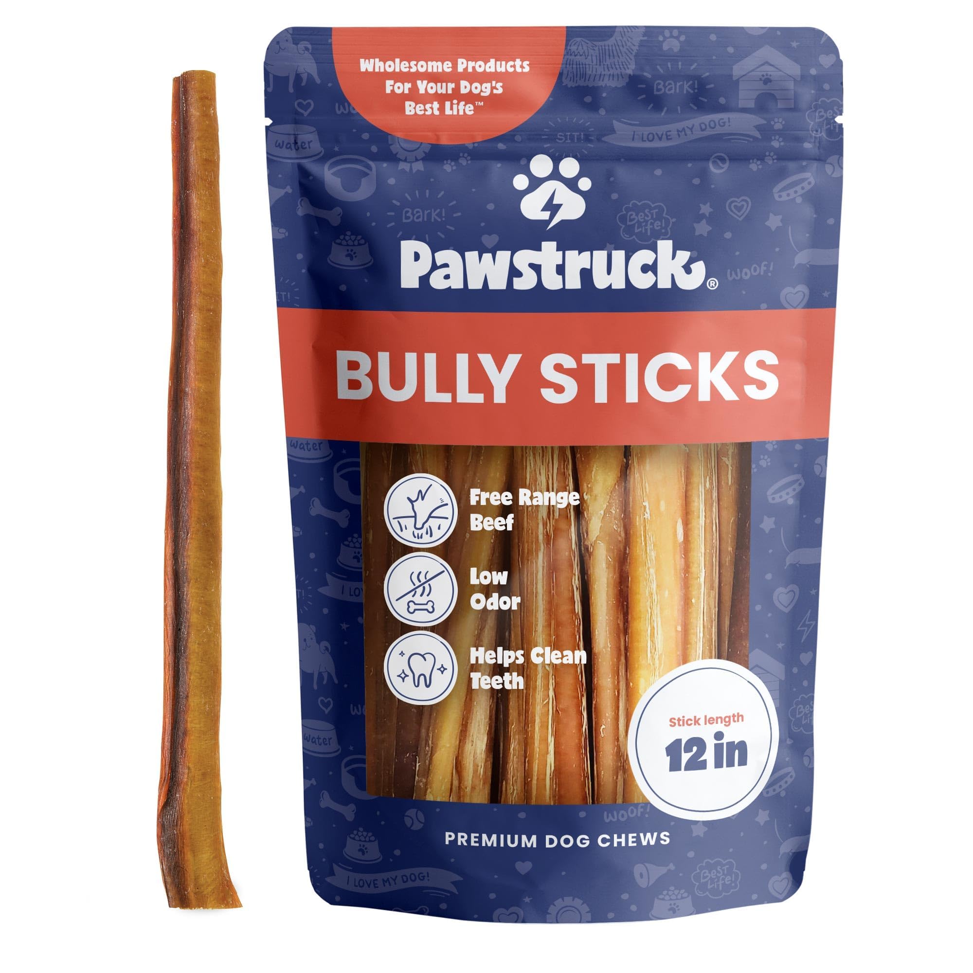 Pawstruck All-Natural 12" Bully Sticks for Dogs - Long Lasting, Rawhide-Free, Low Odor & Grain-Free Dental Chew Treat - Healthy Single Ingredient, 100% Real Beef - 1 lb Bag