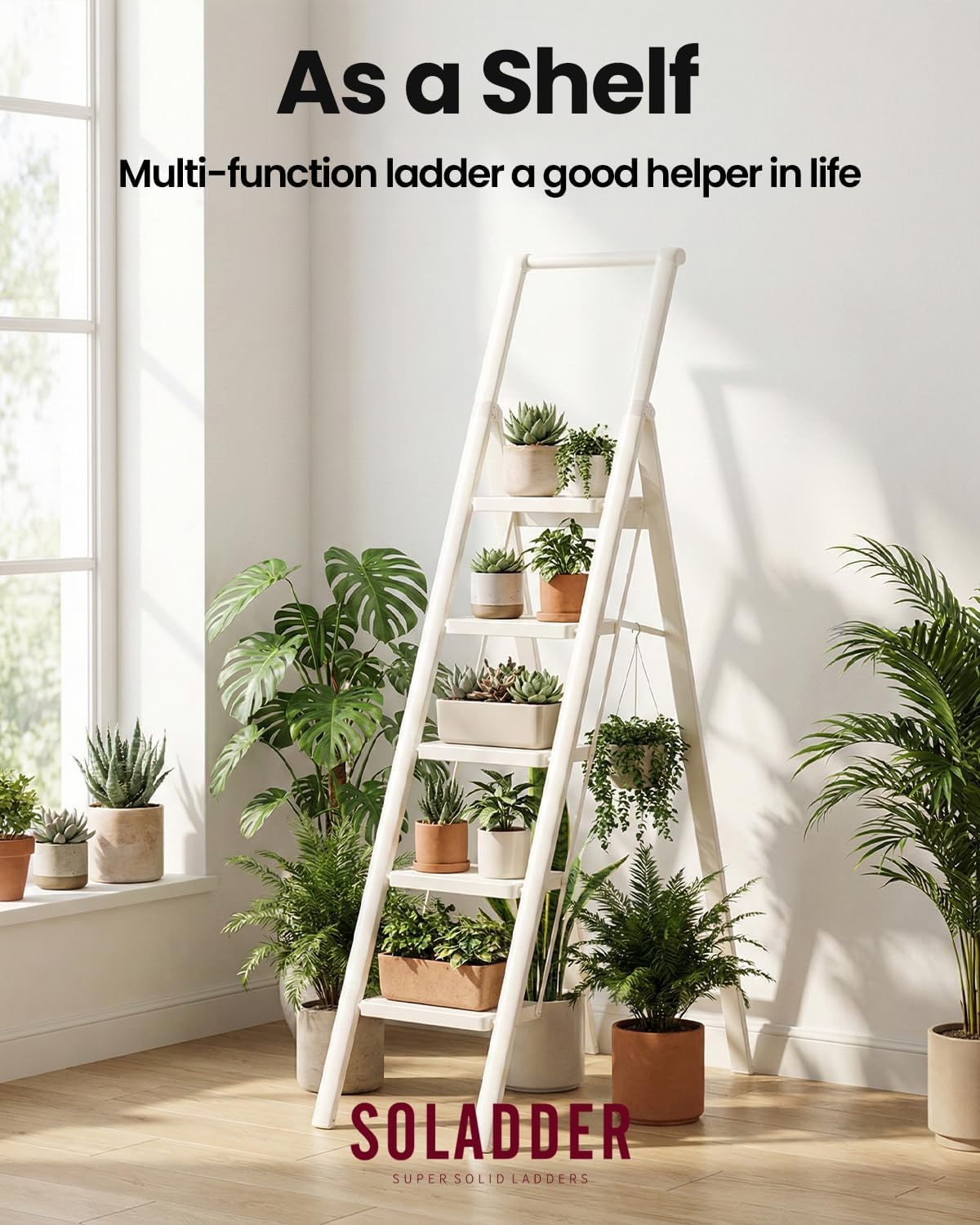 SOLADDER 5 Step Ladder, Folding Step Stool, White Foldable Iron Ladder for 10 Foot High Ceiling with Anti-Slip Wide Sturdy Pedal and Handgrip, Multi-Use for Home (300 lbs Capacity) - Image 7