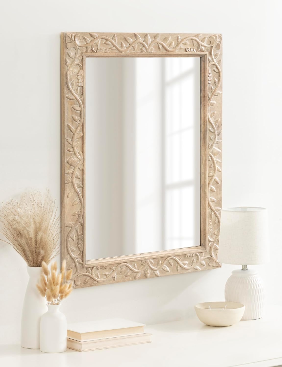 Kate and Laurel Natesa Boho Rectangle Carved Wood Mirror; 24 x 32; Natural Brown; Coastal Light Wooden Rectangular Mirror with Carved Detailing for Use as Bathroom Mirror for Vanity