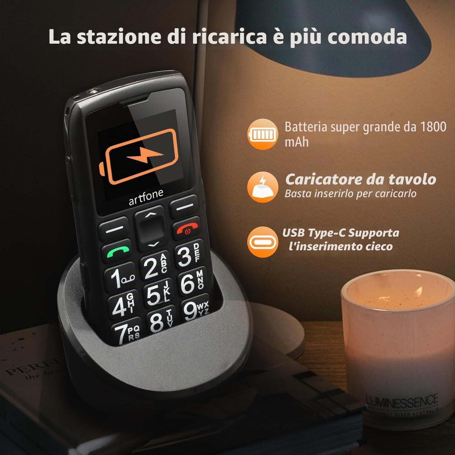 artfone C1+4G Pro Nero - Telefono Cellulare per Anziani con Tasti Grandi丨Funzione SOS丨Chiamata Rapida丨Base di Ricarica丨Funzione di orario丨Batteria da 1800 mAh丨LTE Cellulare per anziani丨Radio丨USB - C