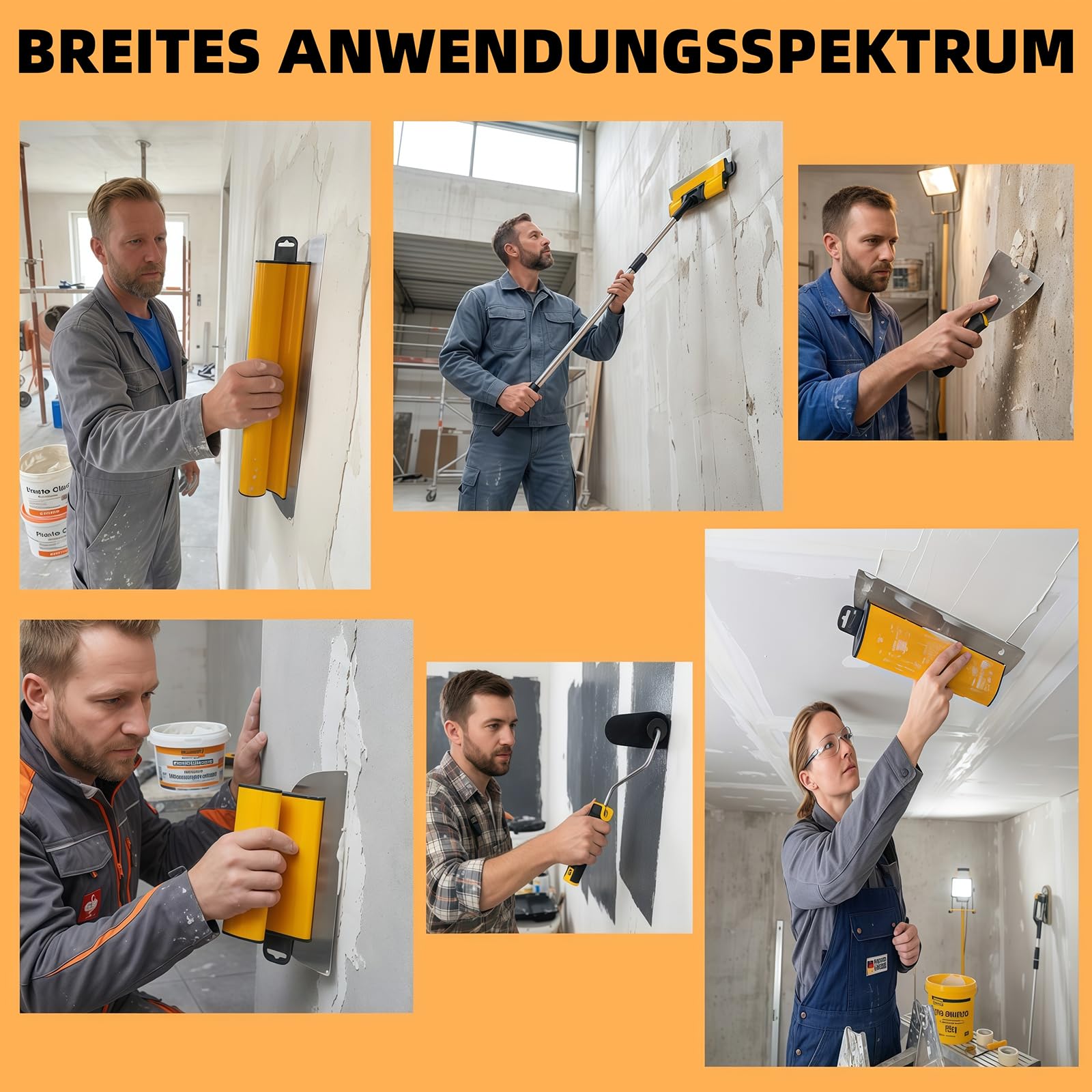 15 Stück Flächenspachtel Set, Flächenspachtel 15 cm/25 cm/40 cm/60 cm/80 cm | Edelstahl Spachtel Werkzeug, mit Teleskopstange & 5 Ersatz-Flächenspachtel, für Wandbearbeitung und Großflächiges Arbeiten