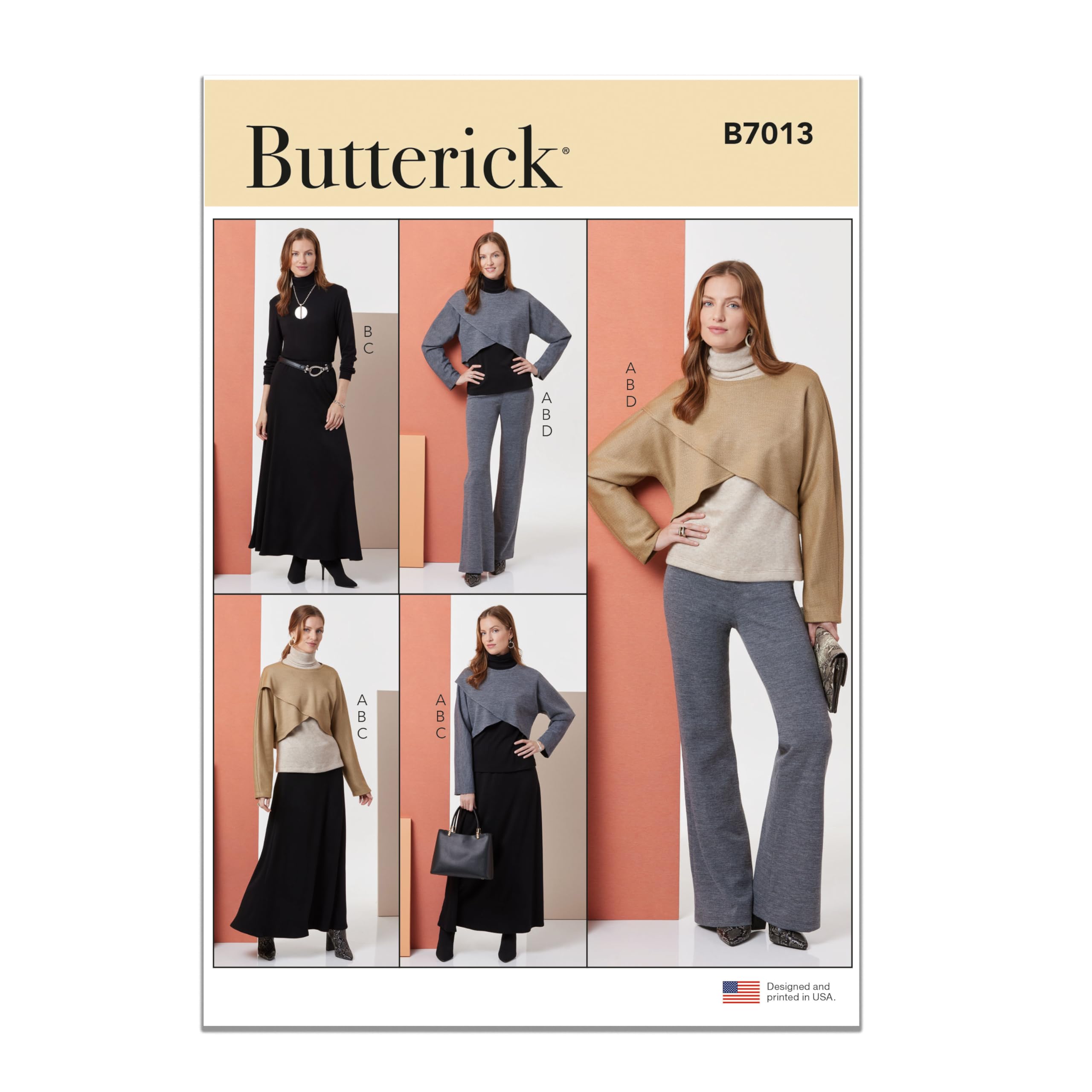 Butterick B7013A Misses' Loose Fitting Knit Tops, Pull-on Skirt, and Pants Sewing Pattern Packet, Design Code B7013, Sizes Sizes XS-S-M-L-XL-XXL