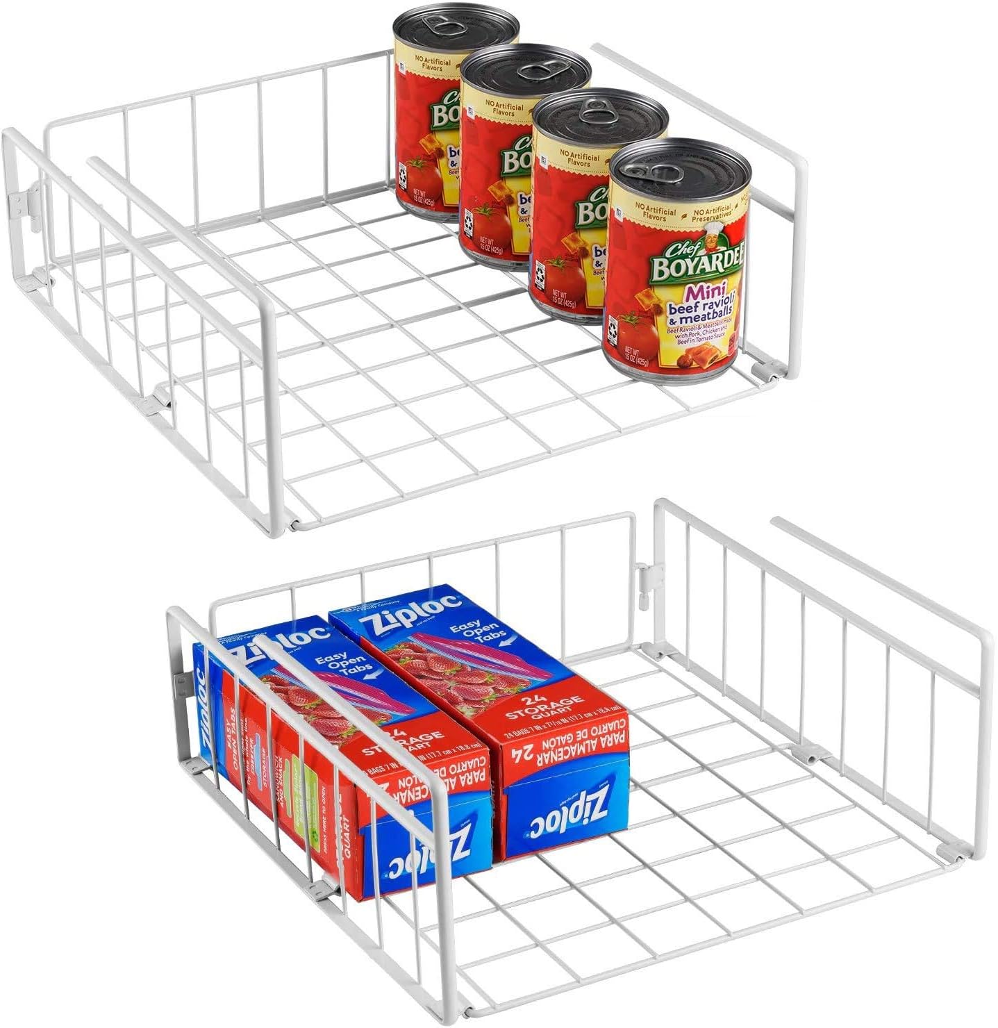 Auledio 2 Pack Under Shelf Basket, White Wire Rack Under Cabinet Organizer, Slides Under Shelves Storage on Kitchen Pantry Office Desk Bookshelf