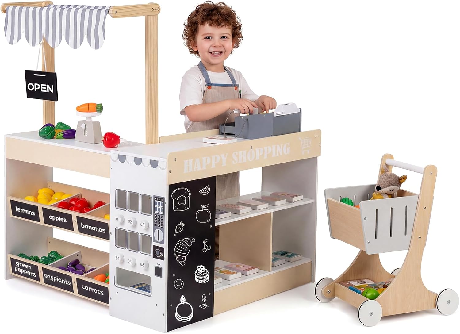 COSTWAY Children's Wooden Shopping Trolley with Vending Machine, Toy Cashier, Shop Counter, Slate Boards, Shelves & Toy Food, Supermarket for Children from 3 Years