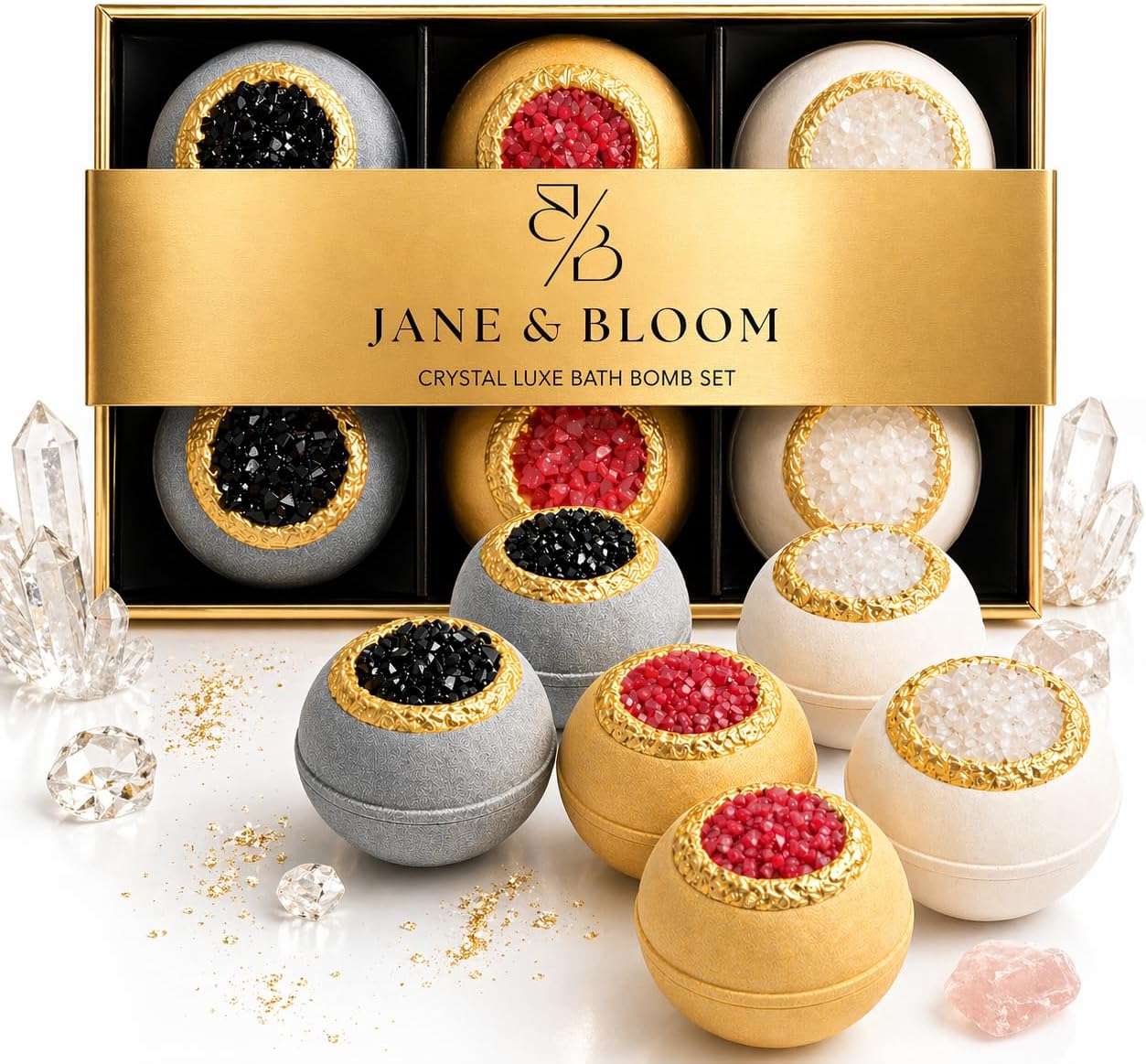 Crystal Luxe Bath Bomb Gift Set for Women, 6 Large Moisturizing Bath Bombs with Natural Oils, Luxury Home Spa Fizzies for Relaxation, Self Care, Birthday & Mothers Day Gifts