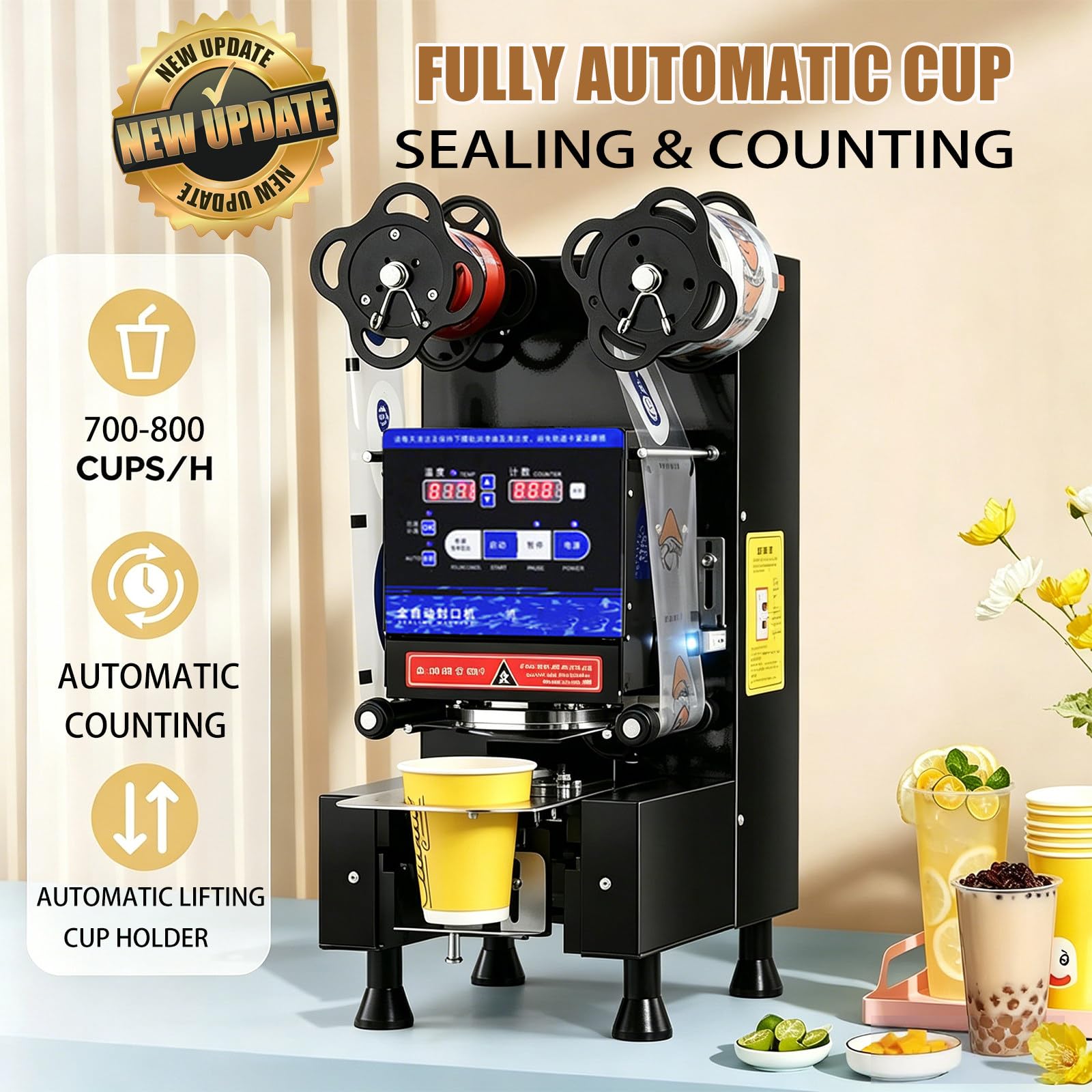 Sigillatrice bubble tea e soia 700-800/h 5s Doppia sigillatura antigoccia, temp intelligente, occhio elettronico, lama autopulente – per caffè, colazioni – 90/95 mm PP/PE/carta/plastica Black