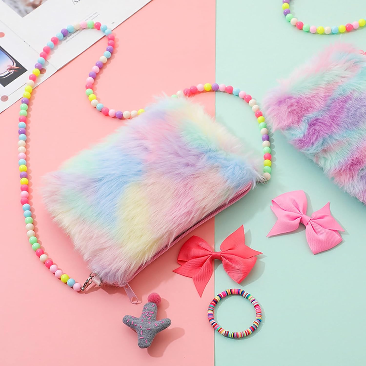 Kids Girls Fluffy Crossbody Purse Fuzzy Bag Plush Tie Dye Rainbow Shoulder Bag Handbag Wallet - Image 2