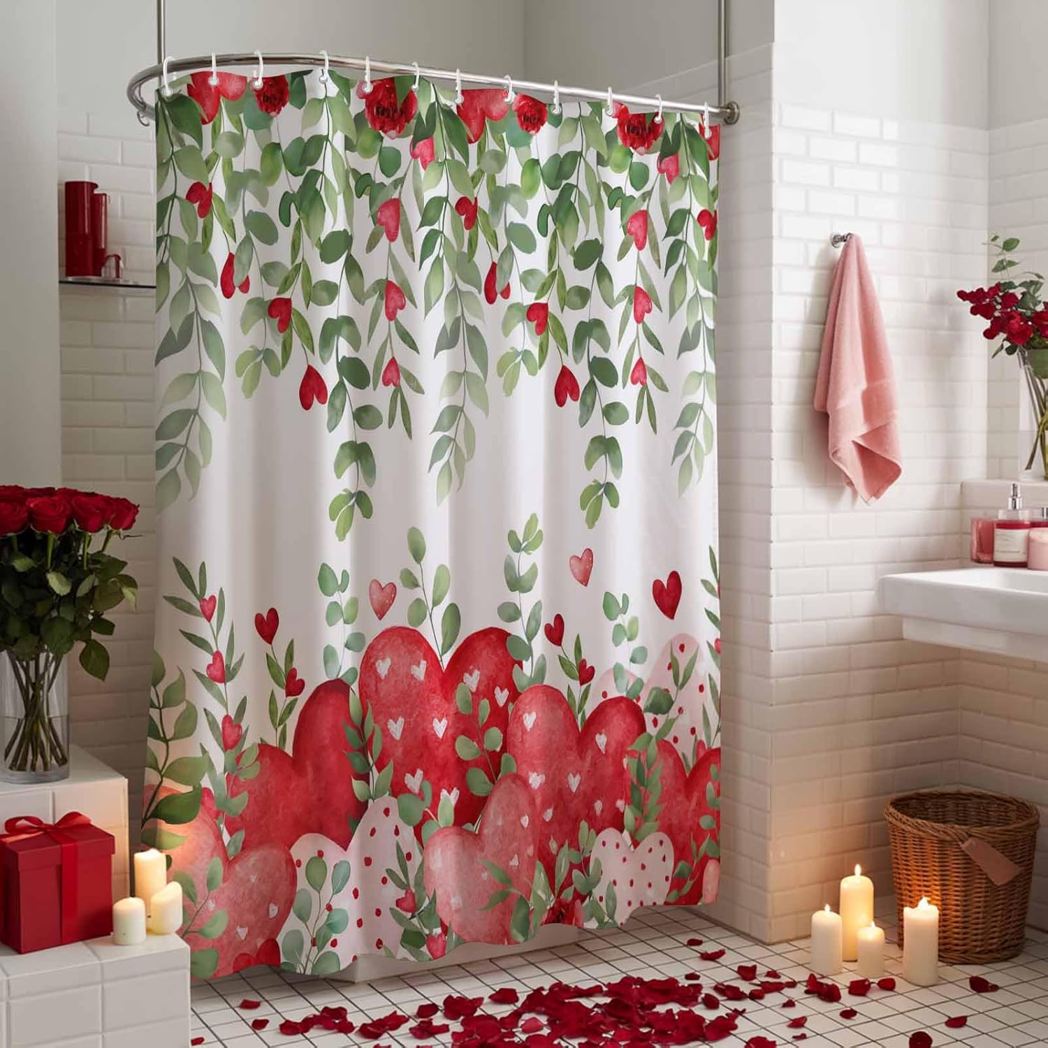 Valentine's Day Shower Curtain Red Love Heart Bathroom Curtains with Hooks, Waterproof Polyester Fabric Rose Eucalyptus Leaves Shower Curtains Set for Bathroom Bathtubs Valentines Decor 72x78 Inch