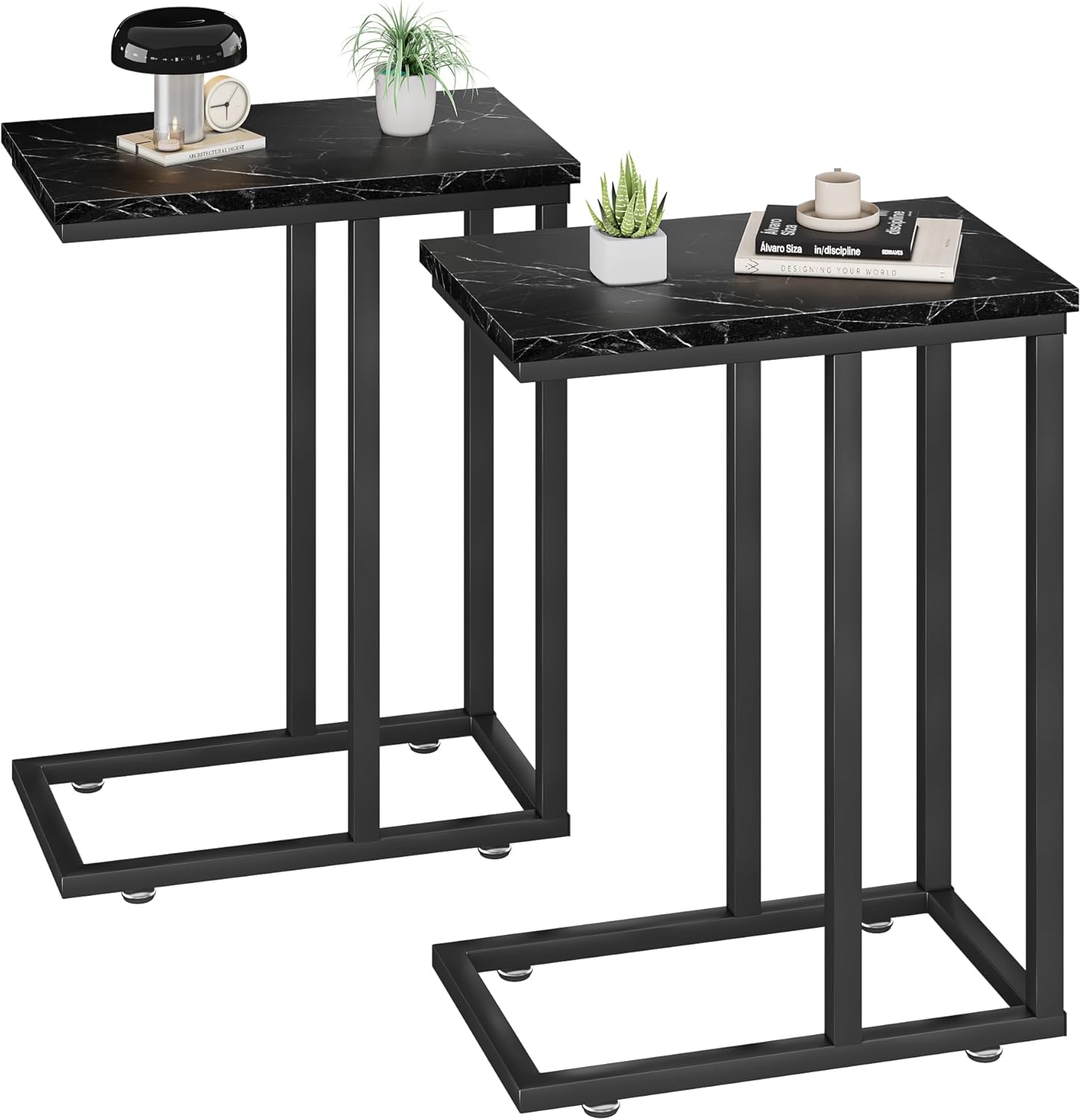 VECELO Universal C-Shaped Side Table, Multi-Functional Snack & TV Tray for Living Room, Bedroom, Black Marble (2 Set)