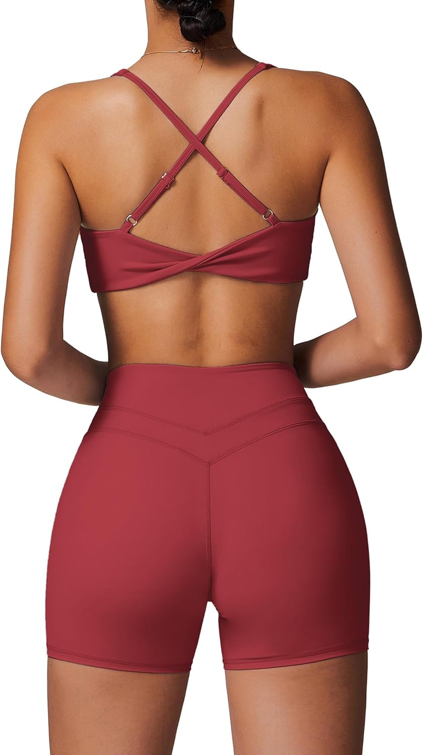 ABOCIW Workout Sets for Women 2 Piece V Neck Twist Back Sports Bra High Waist Biker Shorts Yoga Outfits