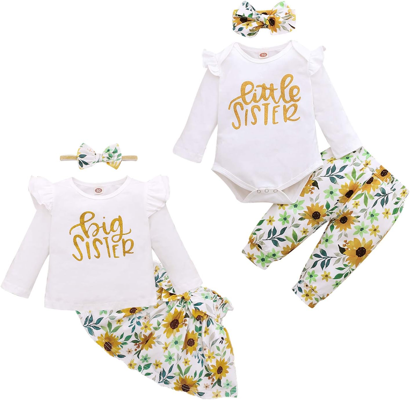 Toddler Baby Girls Matching Outfits Big Little Sister Romper Long/Short Sleeve Tops+Floral Skirt Pants+Headband 3pcs Outfits