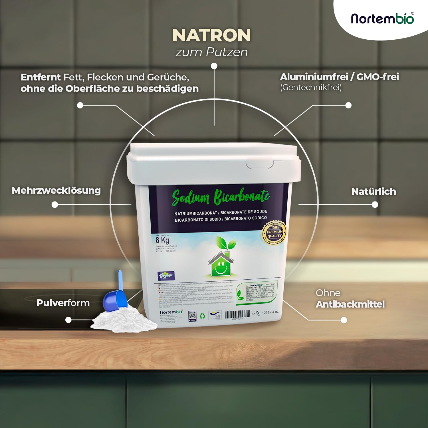 Nortembio Natron 4 x 6 kg 100% natürlich für die vielseitige Reinigung. Ohne Aluminium. Entfernt Gerüche und Schmutz. Küche, Bad, Textilien. E-Book inklusive