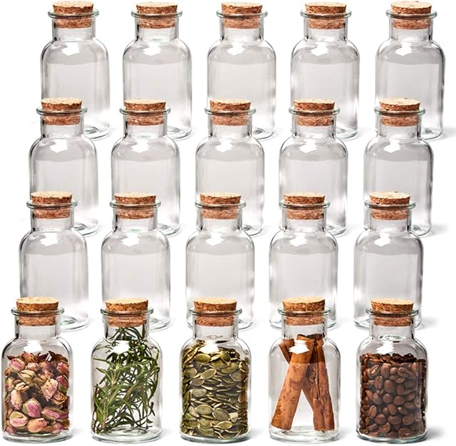 EZOWare Set of 20 Glass Jars with Cork Lid, 150ml Clear Vials Bottles for Kitchen Decorative Party Flavors