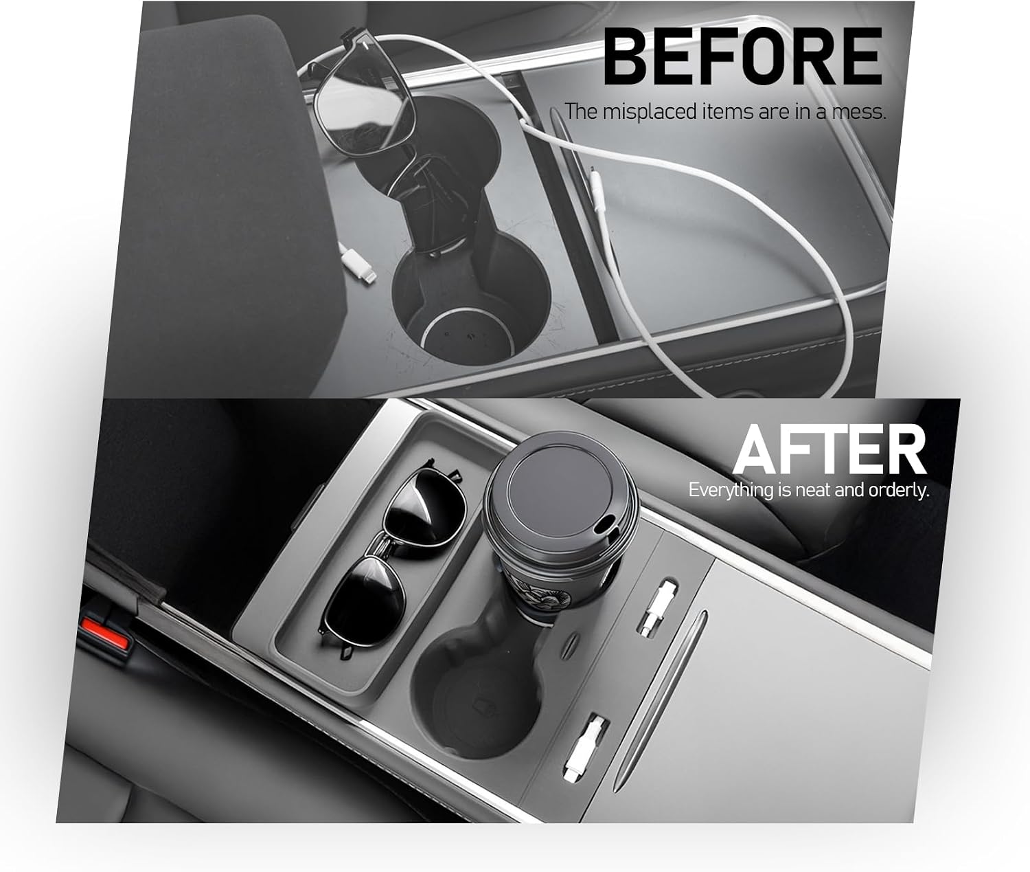 Cup Holder Insert for Tesla Model 3/Y, 4-in-1 with Charging Cable Storage Compartment Sunglasses & Card Holder Fits for 2021-2023 Model 3 and 2021-2024 Model Y Gray