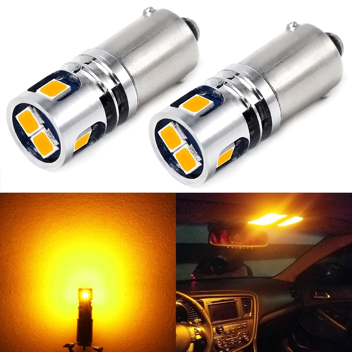 PHINLION BA9S LED Light Bulb 12V Non Polarity Amber Yellow 5 SMD Model