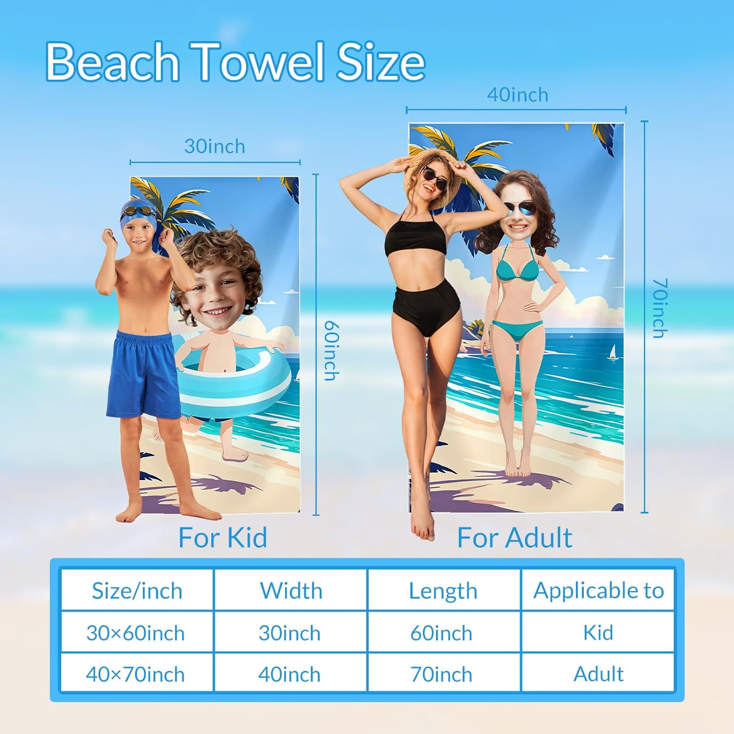 Personalized Beach Towels for Men Women - Custom Quick-Dry Microfiber Towel - 40x70 Inch Oversized for Pool, Beach & Travel