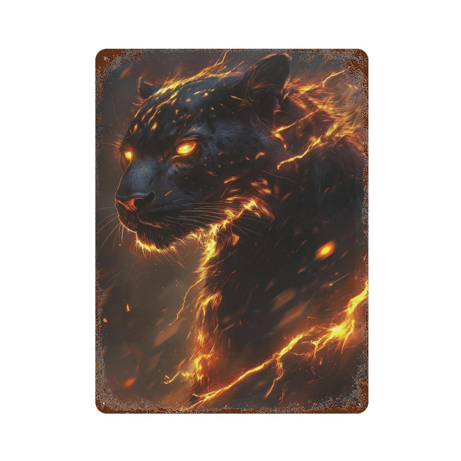 Flaming Panther Art Print Weathered Tin Sign 15.7"x11.8", Farmhouse Wall Decor for Garage, Pub Or Kitchen