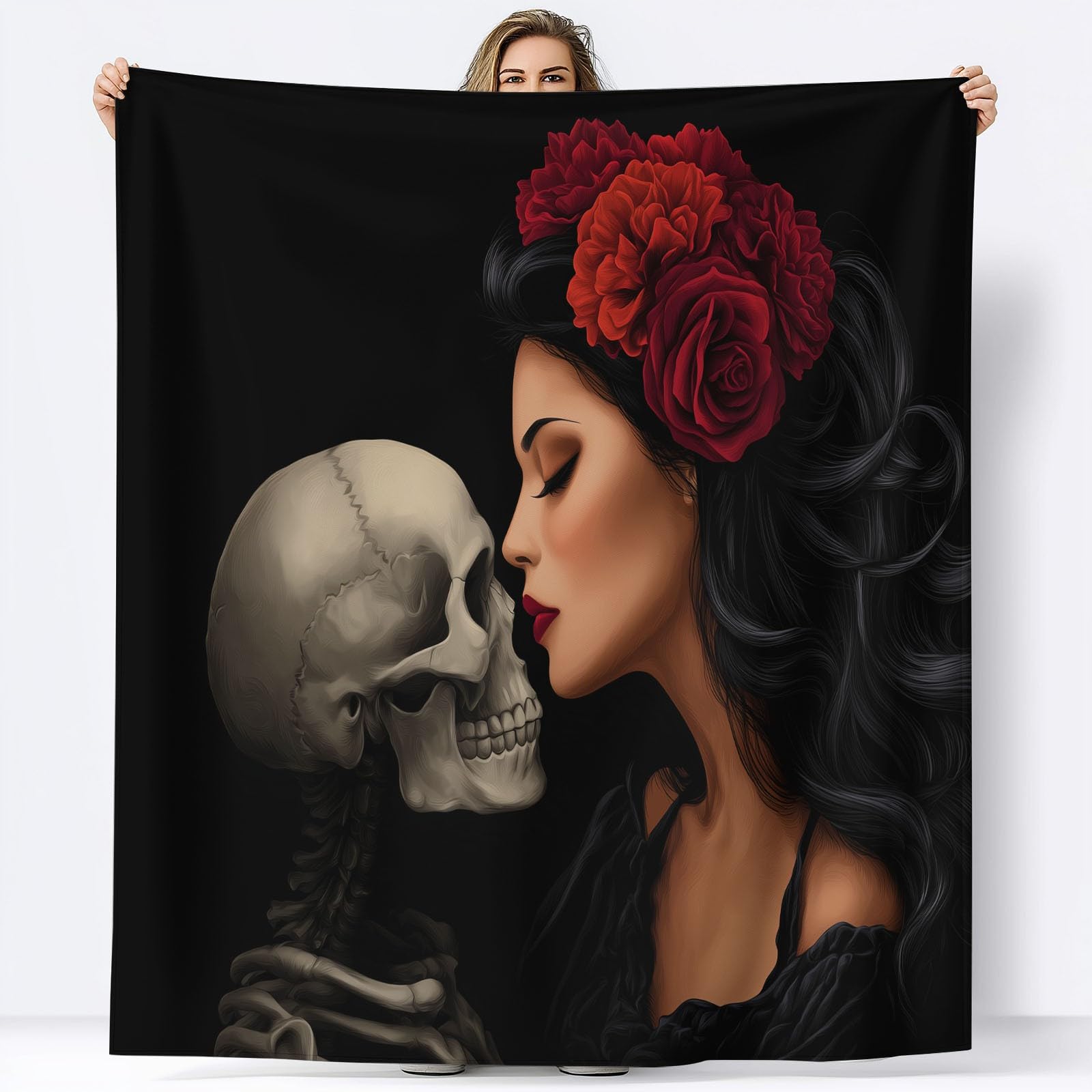 Przytulne koce z czarnym nadrukiem, 180 x 200 cm, piękna kobieta, całuje czaszkę, koc flanelowy, miękki, koc na prezent, sofę, dwustronny koc dla dzieci, chłopców i dorosłych