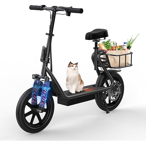 MAXSHOT Electric Scooter Adults, Foldable Electric Scooter with Seat & Basket, 750W Peak Motor, 48V 10.4Ah Battery, 14" Tires, Vicont APP Control, Dual Suspension, Electronic Lock