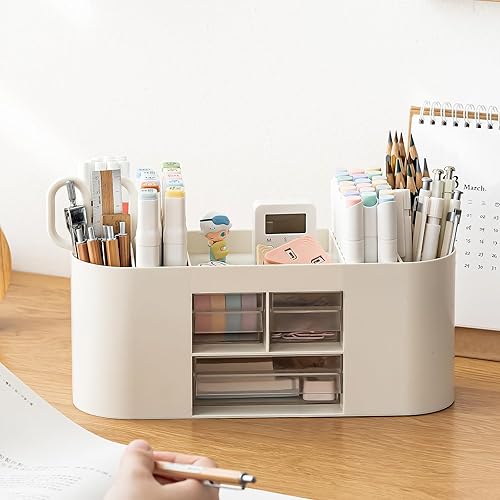 Miniatura 8 de Soporte para lápiz para escritorio con 3 cajones, organizador de escritorio todo en uno, accesorios de escritorio perfectos para uso de oficina,